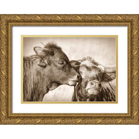 Calf Kiss Sepia Gold Ornate Wood Framed Art Print with Double Matting by Schell, Jennie Marie