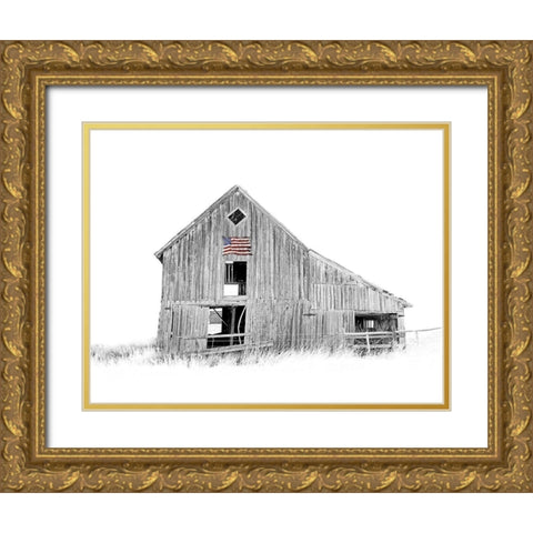 Old Barn Us Flag Black And White Gold Ornate Wood Framed Art Print with Double Matting by Schell, Jennie Marie