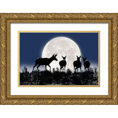 Antelope Pronghorn Silhouettes and Moon Gold Ornate Wood Framed Art Print with Double Matting by Schell, Jennie Marie