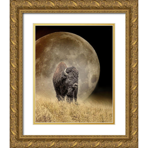 Buffalo Bison and Moon Gold Ornate Wood Framed Art Print with Double Matting by Schell, Jennie Marie