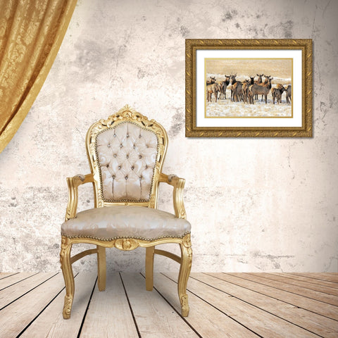 Elk Herd in Winter Gold Ornate Wood Framed Art Print with Double Matting by Schell, Jennie Marie