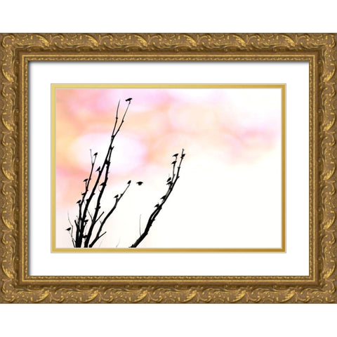 Tree Silhouette and Birds Gold Ornate Wood Framed Art Print with Double Matting by Schell, Jennie Marie