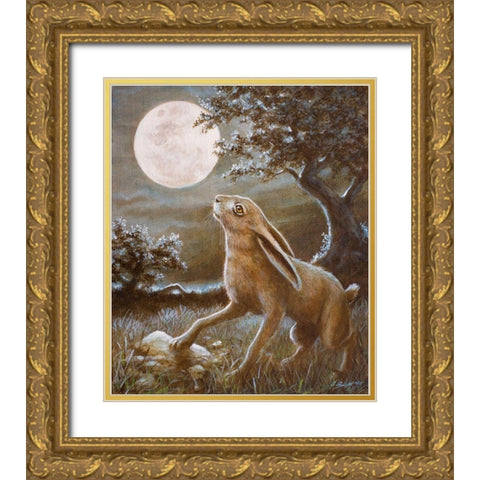 116 Moon Gazing Hare Gold Ornate Wood Framed Art Print with Double Matting by Silver, John
