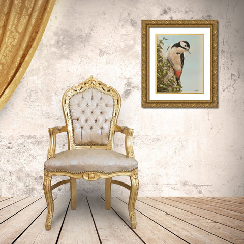 WoodPecker and Ivy Gold Ornate Wood Framed Art Print with Double Matting by Silver, John