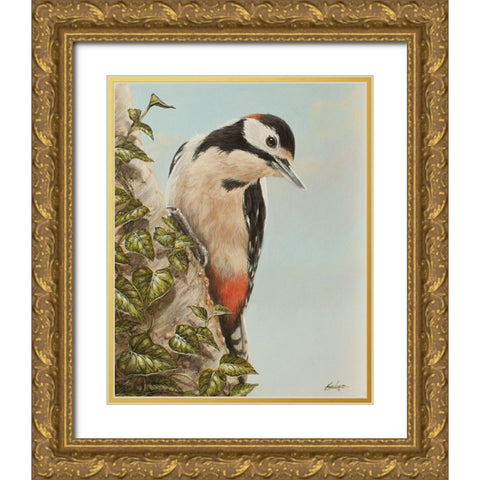 WoodPecker and Ivy Gold Ornate Wood Framed Art Print with Double Matting by Silver, John