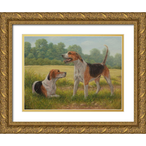 C962 Foxhound pair(L) Gold Ornate Wood Framed Art Print with Double Matting by Silver, John