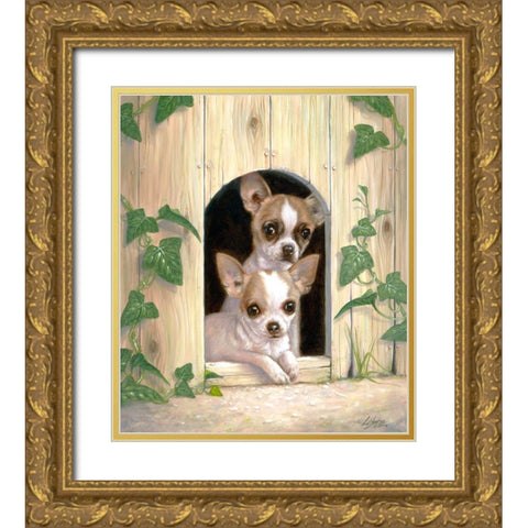 Chihuahuas In Doghouse Gold Ornate Wood Framed Art Print with Double Matting by Silver, John