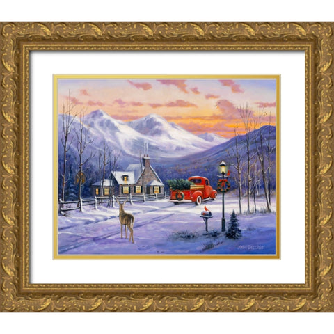 Red Truck and Deer Gold Ornate Wood Framed Art Print with Double Matting by Zaccheo, John