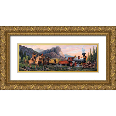 Train Robbery Panoramic Gold Ornate Wood Framed Art Print with Double Matting by Zaccheo, John