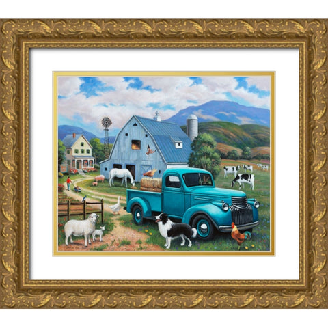 Down at the Farm with a Blue Truck Gold Ornate Wood Framed Art Print with Double Matting by Zaccheo, John
