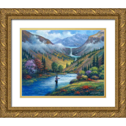 Vista View of a Fly Fisherman Gold Ornate Wood Framed Art Print with Double Matting by Zaccheo, John