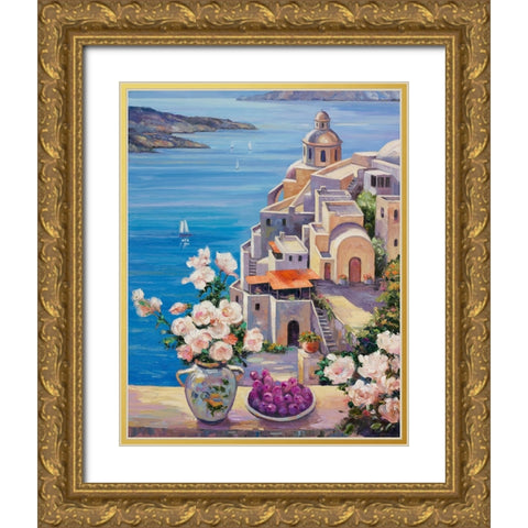 Mediterranian Roses Gold Ornate Wood Framed Art Print with Double Matting by Zaccheo, John