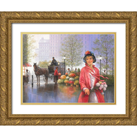 Central Park Flower Market Gold Ornate Wood Framed Art Print with Double Matting by Zaccheo, John