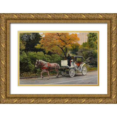 Carriage At Central Park Gold Ornate Wood Framed Art Print with Double Matting by Zaccheo, John