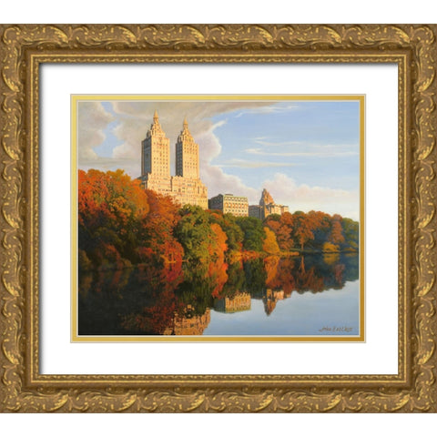Autumn In Central Park Gold Ornate Wood Framed Art Print with Double Matting by Zaccheo, John