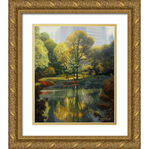 Reflection Of The Park Gold Ornate Wood Framed Art Print with Double Matting by Zaccheo, John