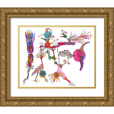 Funky Wondering Birds Gold Ornate Wood Framed Art Print with Double Matting by Kwerki Studios