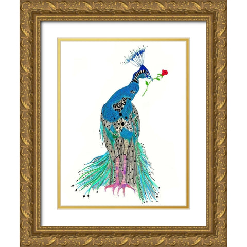 Pippy Peacock Gold Ornate Wood Framed Art Print with Double Matting by Kwerki Studios