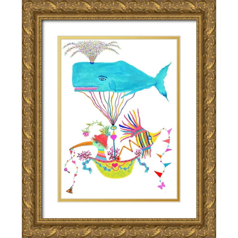 Whale Balloon Gold Ornate Wood Framed Art Print with Double Matting by Kwerki Studios