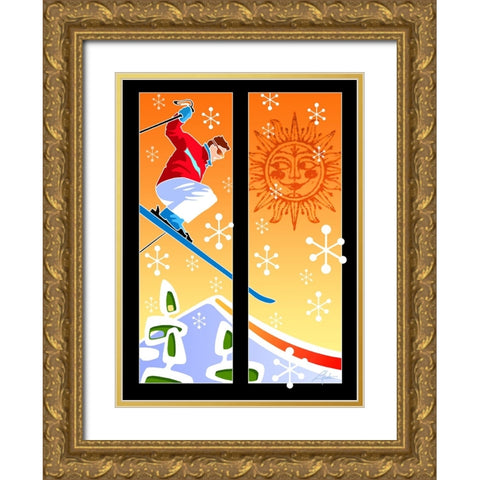 Skier Powder Gold Ornate Wood Framed Art Print with Double Matting by Hunter, Larry