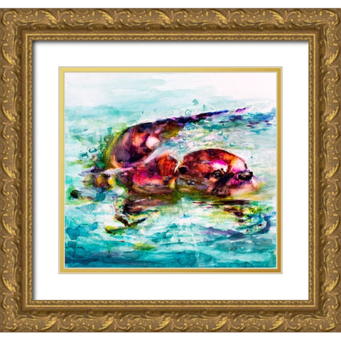 Water Otter Gold Ornate Wood Framed Art Print with Double Matting by Art by Leslie Franklin