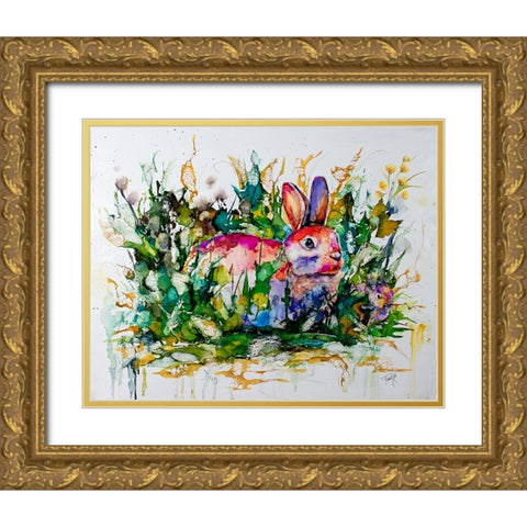 Some Bunnys Hiding Gold Ornate Wood Framed Art Print with Double Matting by Art by Leslie Franklin