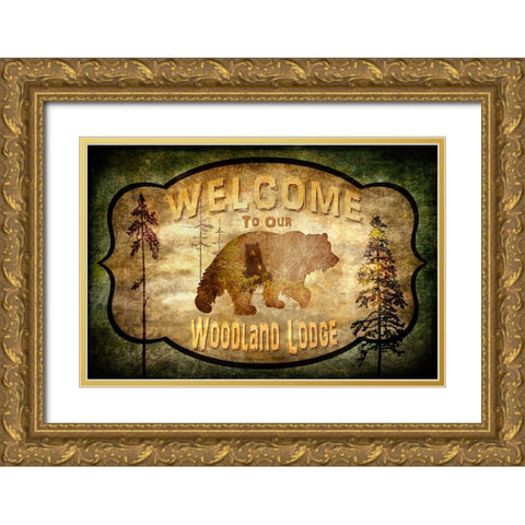 Welcome - Lodge Black Bear 1 Gold Ornate Wood Framed Art Print with Double Matting by LightBoxJournal