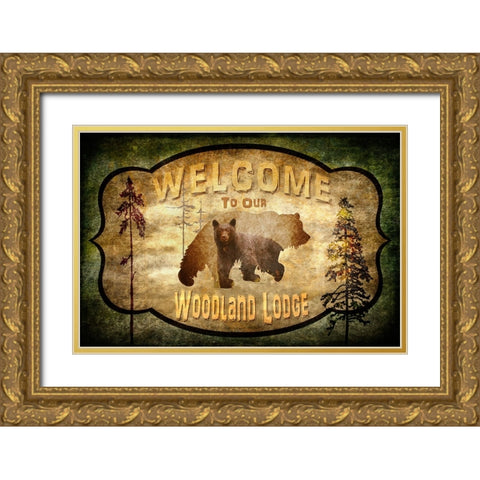 Welcome - Lodge Black Bear 2 Gold Ornate Wood Framed Art Print with Double Matting by LightBoxJournal