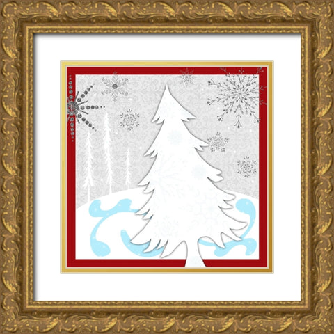 Christmas Snowman Tree Gold Ornate Wood Framed Art Print with Double Matting by LightBoxJournal