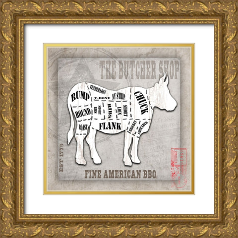 American Butcher Shop Cow Gold Ornate Wood Framed Art Print with Double Matting by LightBoxJournal