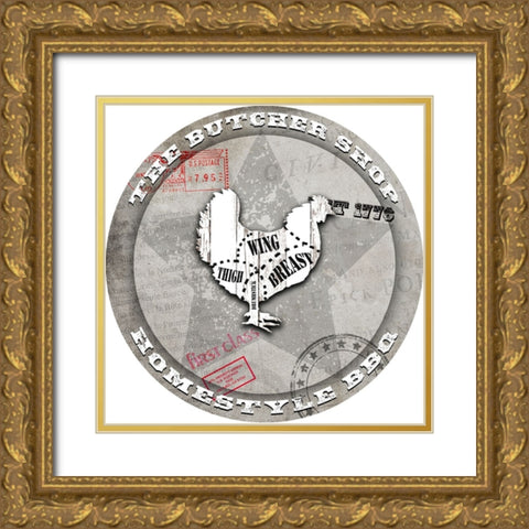 American Butcher Shop Round Chicken Gold Ornate Wood Framed Art Print with Double Matting by LightBoxJournal