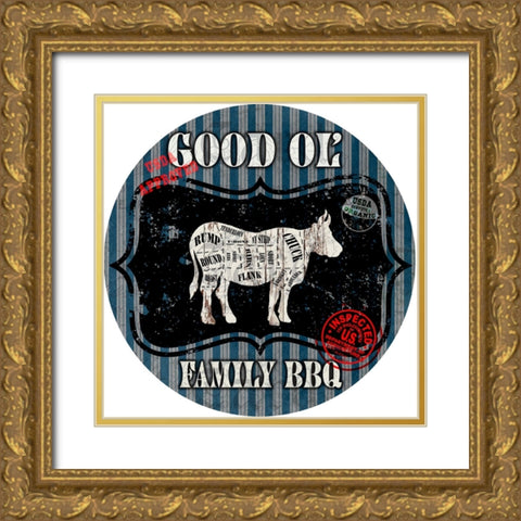 Good Ol Family BBQ Round Cow Gold Ornate Wood Framed Art Print with Double Matting by LightBoxJournal
