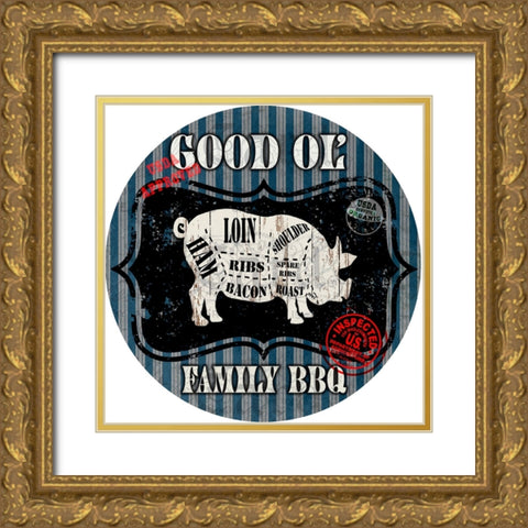 Good Ol Family BBQ Round Pig Gold Ornate Wood Framed Art Print with Double Matting by LightBoxJournal