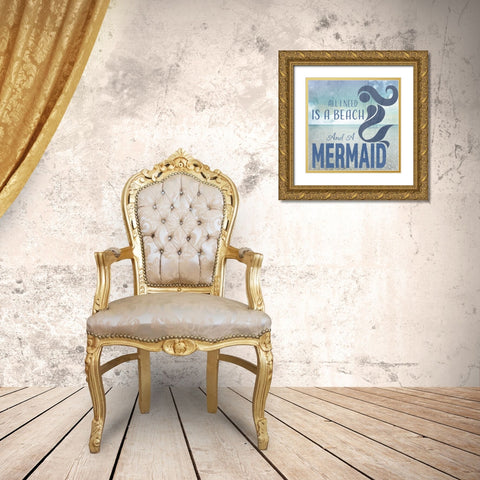 Signs_SeaLife_Typography_BeachAndAMermaid Gold Ornate Wood Framed Art Print with Double Matting by LightBoxJournal