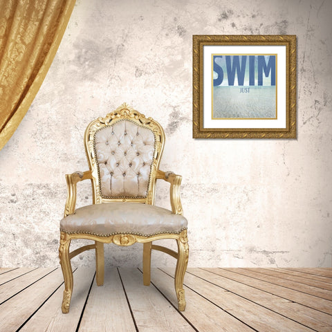 Signs_SeaLife_Typography_JustSwim Gold Ornate Wood Framed Art Print with Double Matting by LightBoxJournal