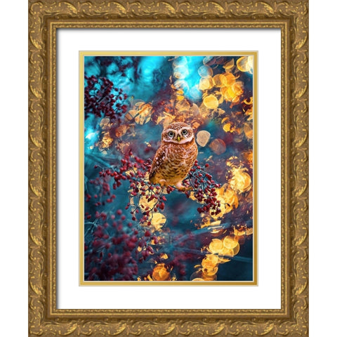 Owl Bokeh Gold Ornate Wood Framed Art Print with Double Matting by Love Grams