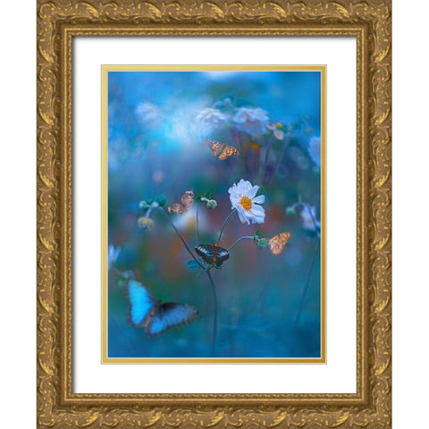 Blue Garden Gold Ornate Wood Framed Art Print with Double Matting by Love Grams