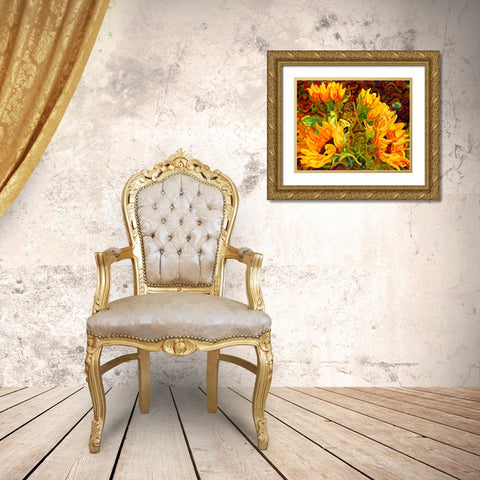 Four Sunflowers Gold Ornate Wood Framed Art Print with Double Matting by Budan, Mandy