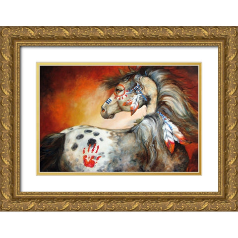 4 Feathers Indian War Pony Gold Ornate Wood Framed Art Print with Double Matting by Baldwin, Marcia