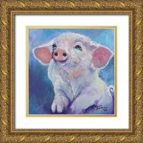 Feed Me Little Pink Piglet Gold Ornate Wood Framed Art Print with Double Matting by Baldwin, Marcia