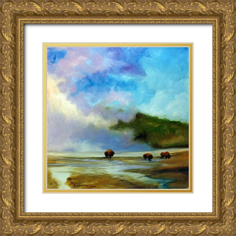 Yellowstone Buffalo Landscape Gold Ornate Wood Framed Art Print with Double Matting by Baldwin, Marcia