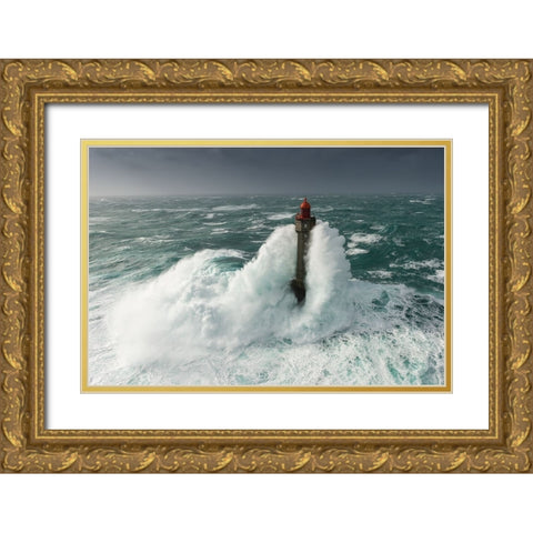 Le Phare De La Jument Dans La Tempete Ruzica Gold Ornate Wood Framed Art Print with Double Matting by Rivrin, Mathieu