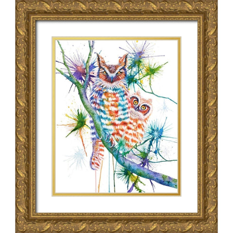 Momma and Baby Owl Gold Ornate Wood Framed Art Print with Double Matting by Wickstrom, Martin