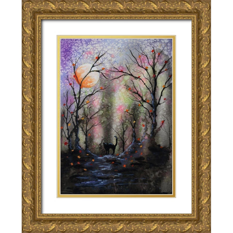 Black Cat In Forest Gold Ornate Wood Framed Art Print with Double Matting by Wickstrom, Martin