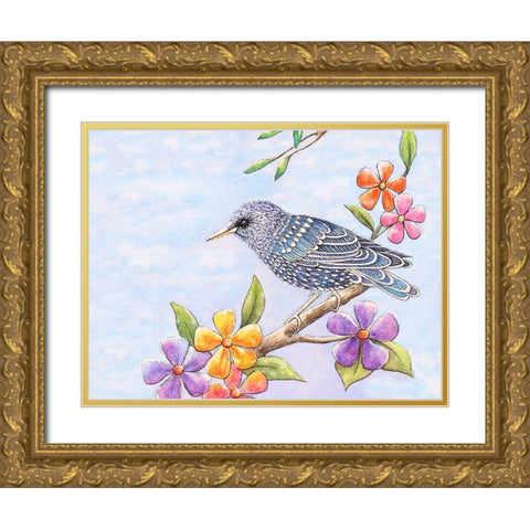 Starling Bird with Flowers Gold Ornate Wood Framed Art Print with Double Matting by Wickstrom, Martin