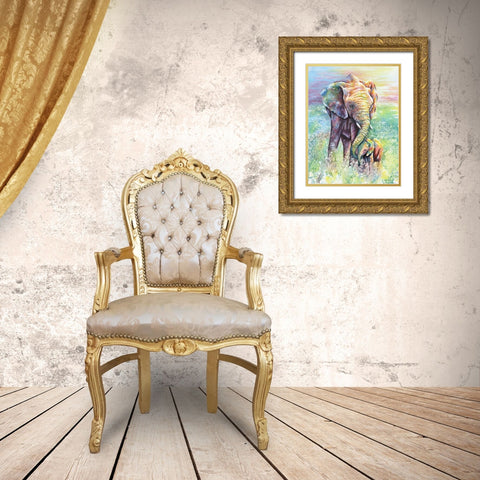 Mother And Baby Elephant Rainbow Colors Gold Ornate Wood Framed Art Print with Double Matting by Wickstrom, Martin