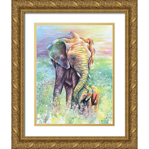Mother And Baby Elephant Rainbow Colors Gold Ornate Wood Framed Art Print with Double Matting by Wickstrom, Martin