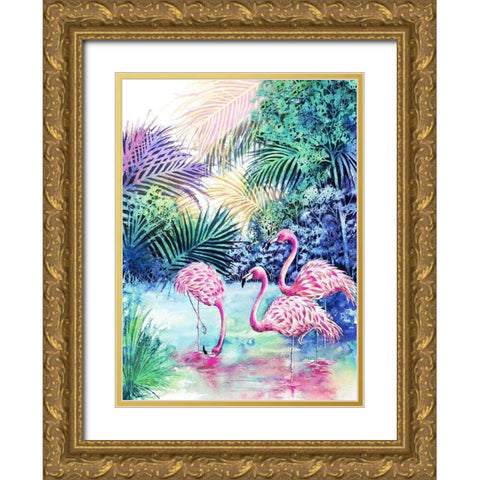 Three Flamingos Gold Ornate Wood Framed Art Print with Double Matting by Wickstrom, Martin