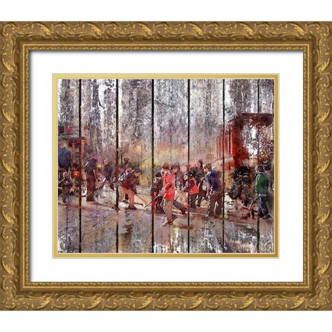 Street Hockey On Boards Gold Ornate Wood Framed Art Print with Double Matting by Murray Henderson Fine Art