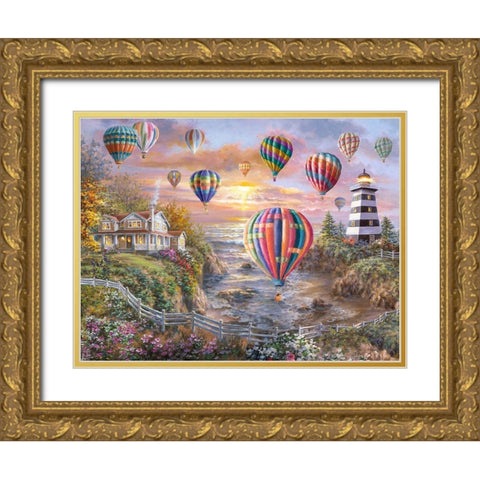 Balloons Over Cottage Cove Gold Ornate Wood Framed Art Print with Double Matting by Boehme, Nicky
